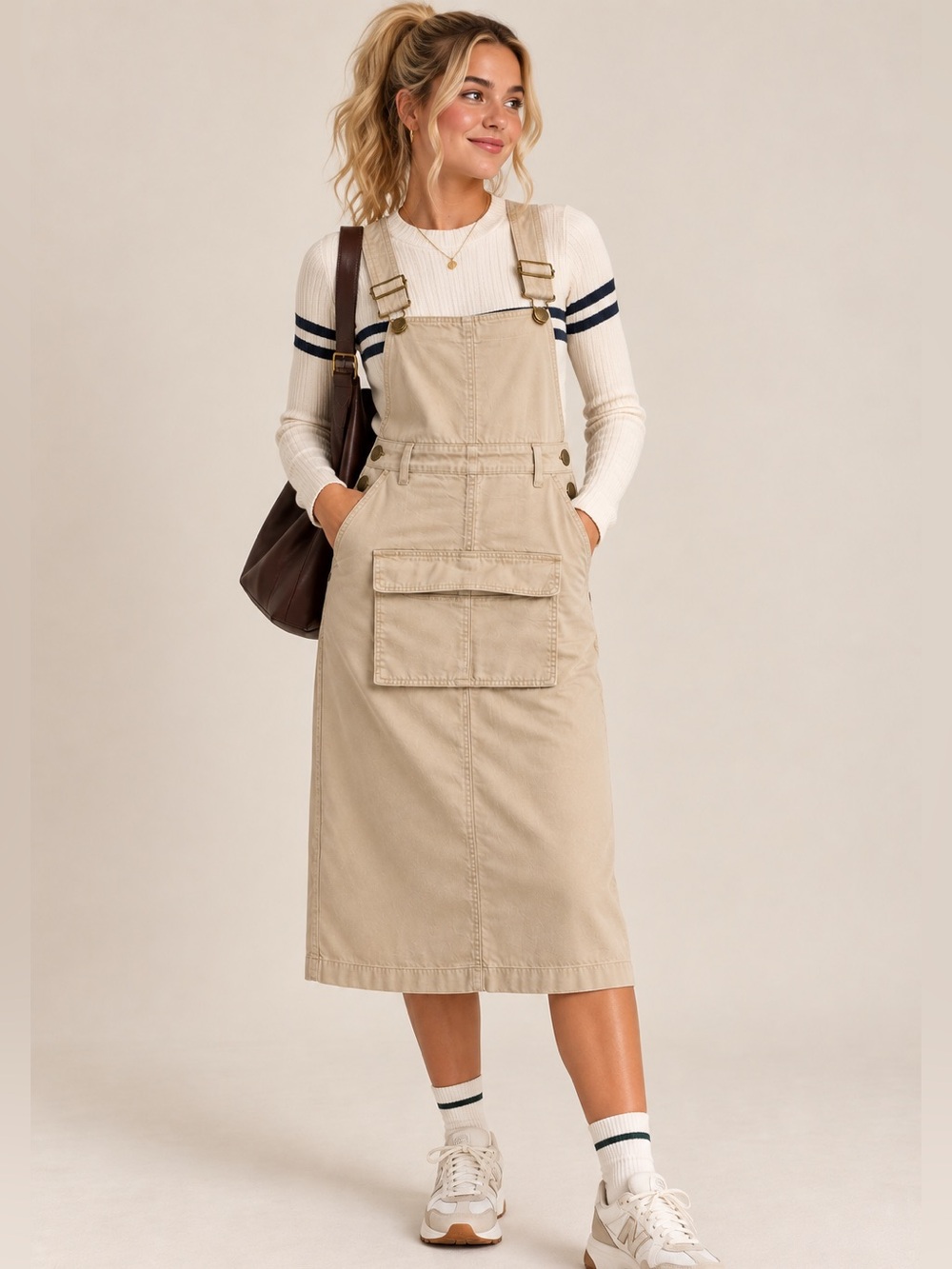 Vintage EDWIN Khaki Overall Bib Skirt Utility Workwear Pinafore Dress S